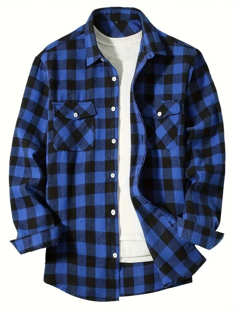 Men’s Brushed Cotton Flannel Shirt - Red Plaid Long Sleeve Business & Casual No-Iron Top