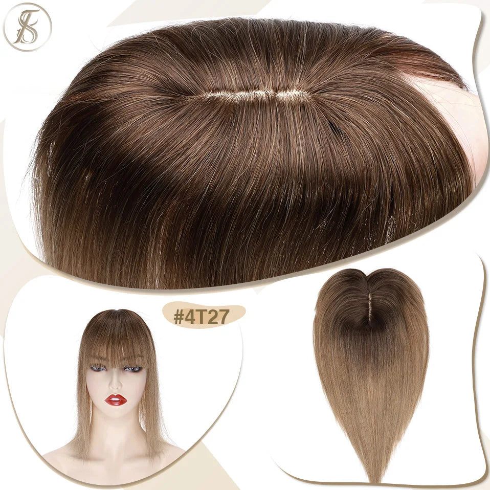 TESS Women Human Hair Topper With Bangs - 7x12.5cm Silk Base Clip In Hair Extension Natural Wigpiece