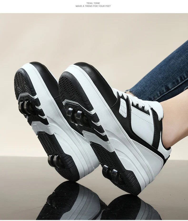 Four-Wheel Roller Shoes for Boys & Girls – Casual Outdoor Sports Sneakers with Pulleys, Slide & Shrink School Walking Shoes