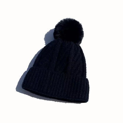 New Women’s Winter Twist Knit Hat – Thick Plush Beanie with Fur Pompom, Solid Color Ski Snow Skullies