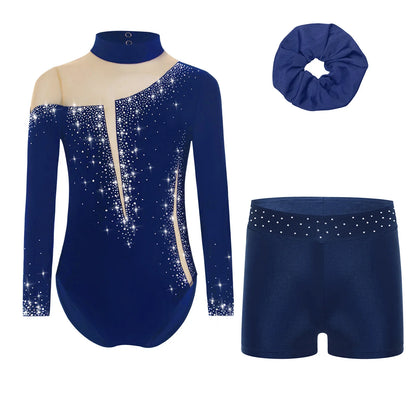 Kids Girls Long-Sleeve Ballet Leotard with Body Shorts & Hair Band — Gymnastics Dance Bodysuit