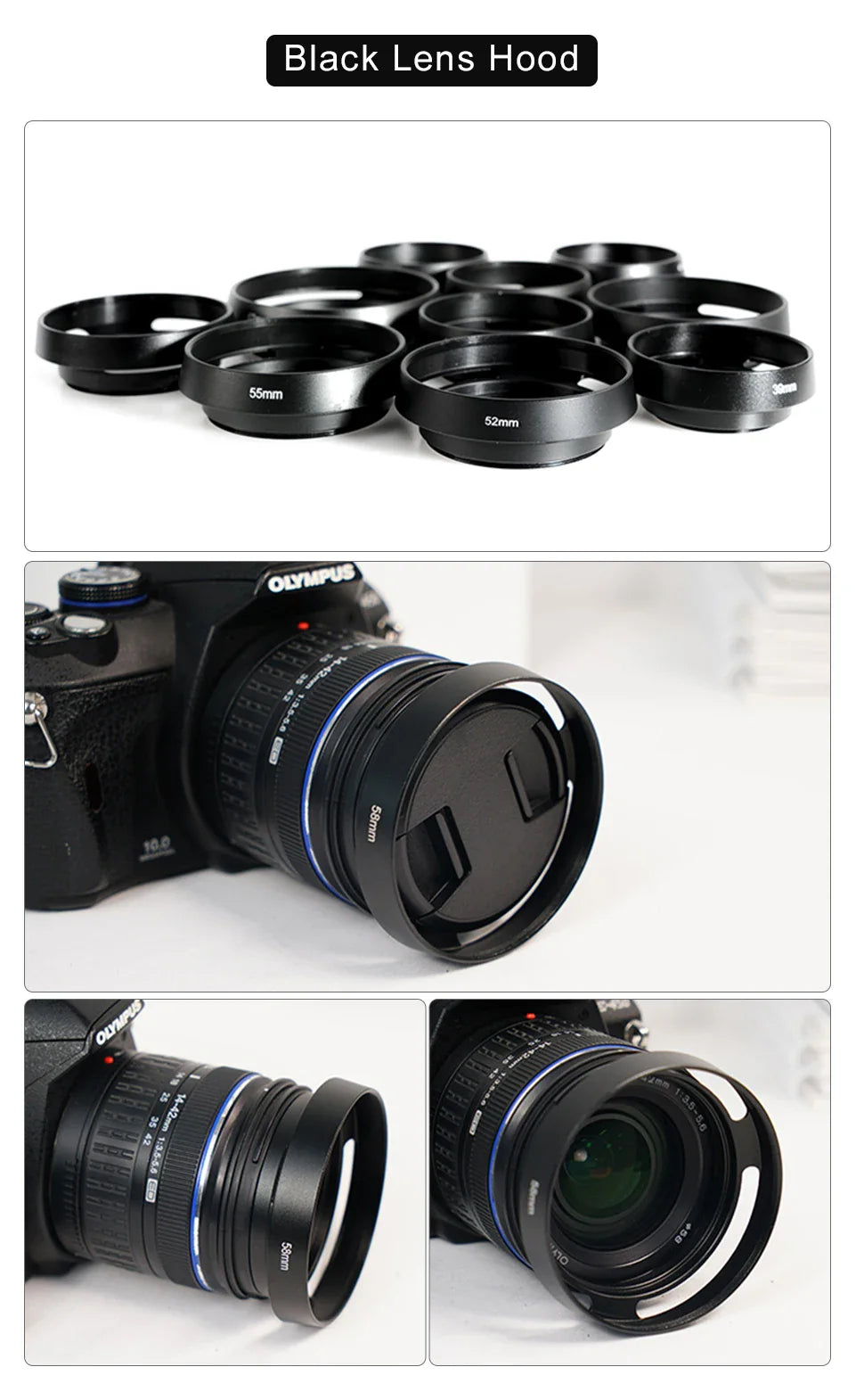 37-62mm Metal Hollow Camera Lens Hood — Compatible with Fuji Nikon Pentax Sony Olympus Canon