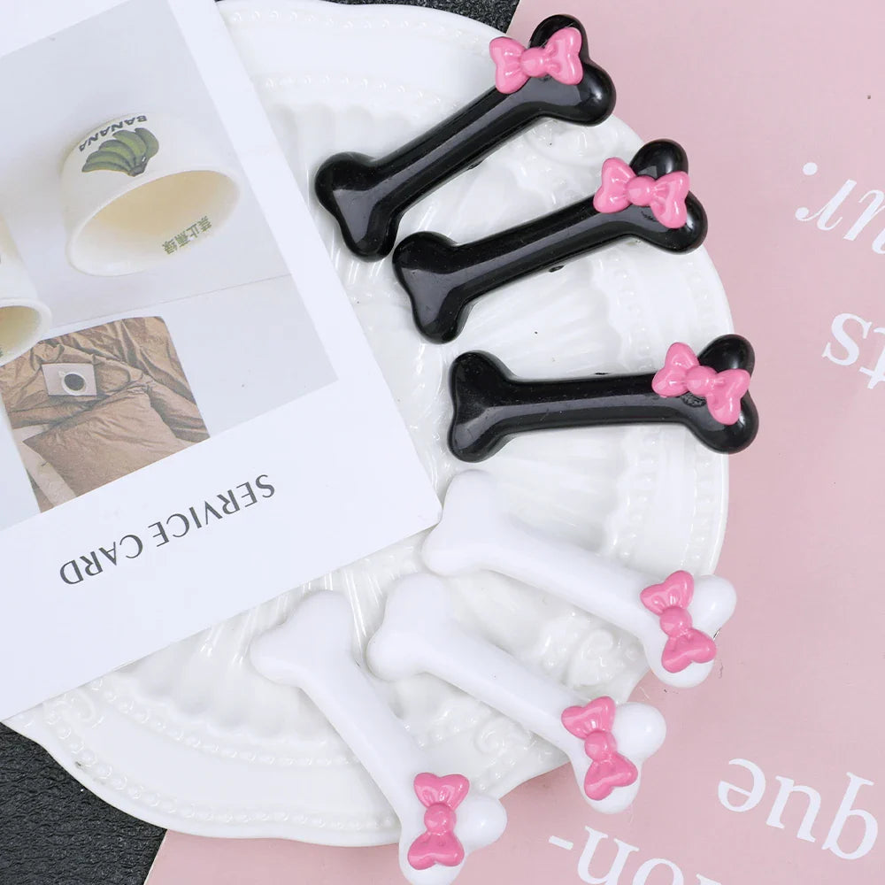 Kawaii Bow Dog Bone Hair Clips – Cute Black & White Bone Hairpins for Girls, Duckbill Barrettes Accessories