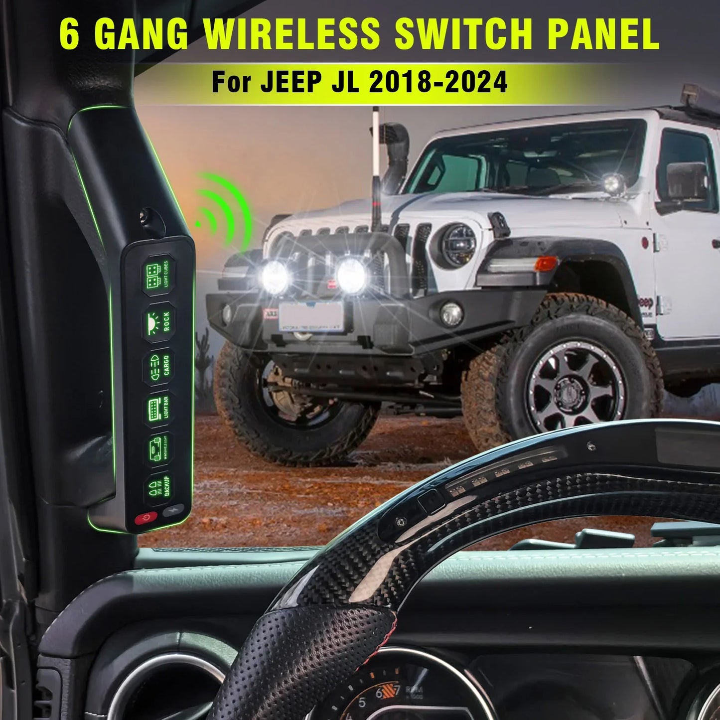 6-Gang Wireless Switch Panel - Grab Handle Control Panel for Jeep Wrangler JL 2018-2023 & Gladiator 2020-2023