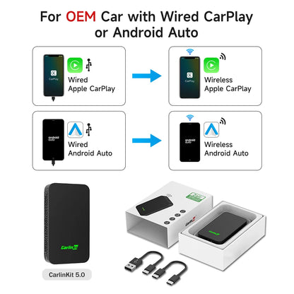 CarlinKit 5.0 & 4.0 Wireless CarPlay & Android Auto Adapter — Waze, Music, Spotify for Audi, Golf, Peugeot, Mazda, KIA, Mercedes, MG