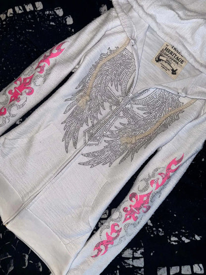 Women’s Y2K Rhinestone Hooded Jacket - Vintage Angel Wing Cross Crystal Streetwear