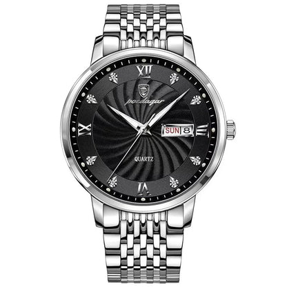 POEDAGAR Luxury Men's Watch — Waterproof Luminous Quartz Wristwatch with Date & Week, Stainless Steel Sports Fashion