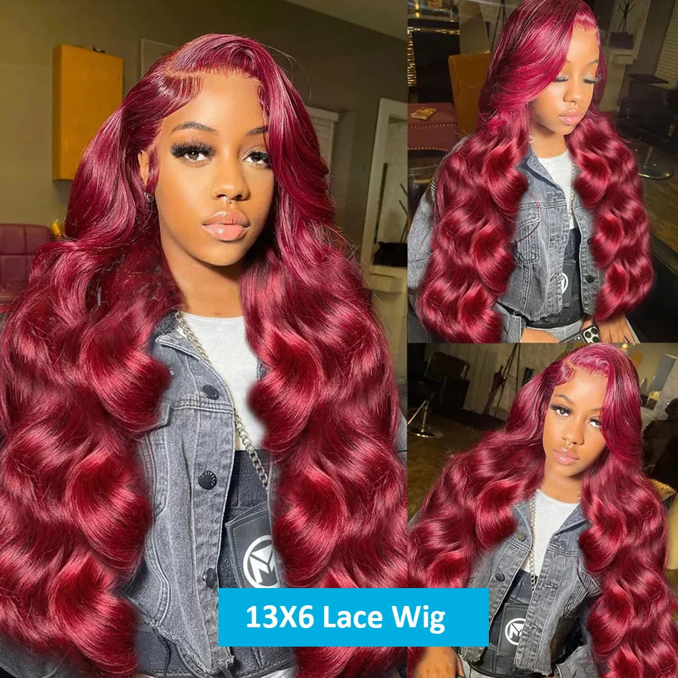 99J Burgundy Body Wave Human Hair Wig – 13x6 HD Transparent Lace Front, 30-40 Inch Curly Brazilian Hair for Women