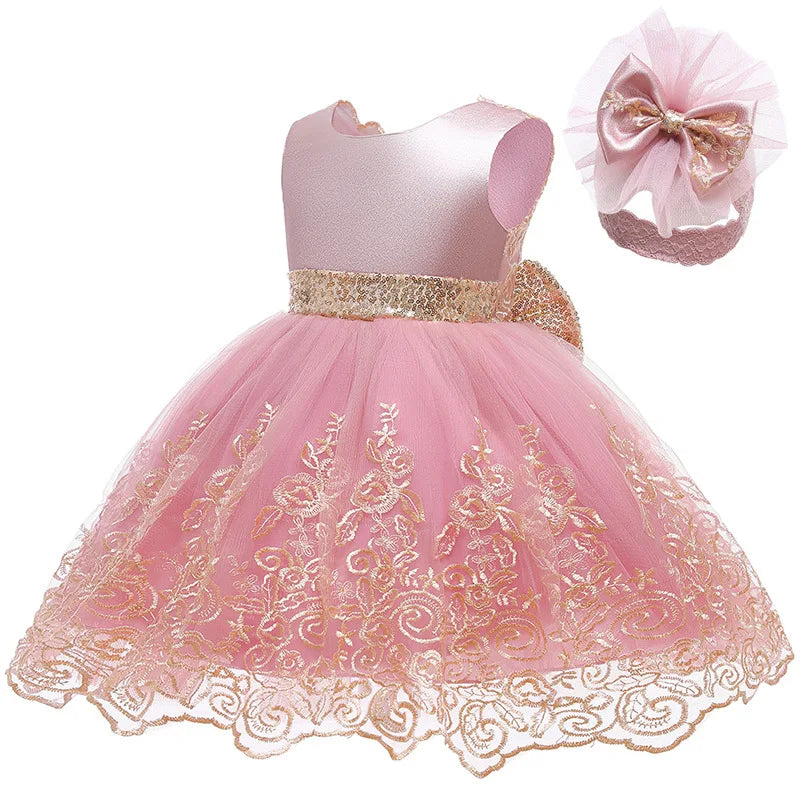 Baby Girls Lace Princess Dress - Big Bow Summer Birthday Party Gown