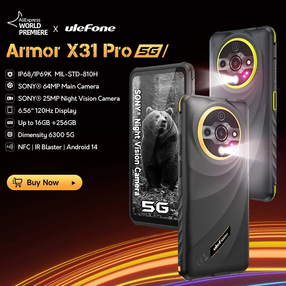 【World Premiere】Ulefone Armor X31 Pro 5G Rugged Smartphone – Android 14, 6.56” Display, 16GB+256GB, 64MP Night Camera, 6050mAh, NFC