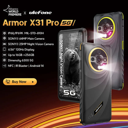 【World Premiere】Ulefone Armor X31 Pro 5G Rugged Smartphone – Android 14, 6.56” Display, 16GB+256GB, 64MP Night Camera, 6050mAh, NFC
