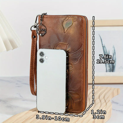 Retro Long Embossed Zipper Wallet — Multi-Card Clutch & Phone Bag with Coin Pocket