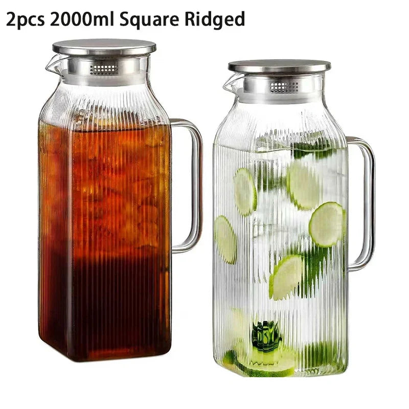 JUSTINLAU Borosilicate Glass Water Bottle - 1.2L/2L Large Capacity Juice & Drink Pitcher for Home & Restaurant