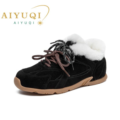 AIYUQI Women's Genuine Leather Sneakers – Retro German Trainers, Winter Velvet Fur, Flat Casual Shoes