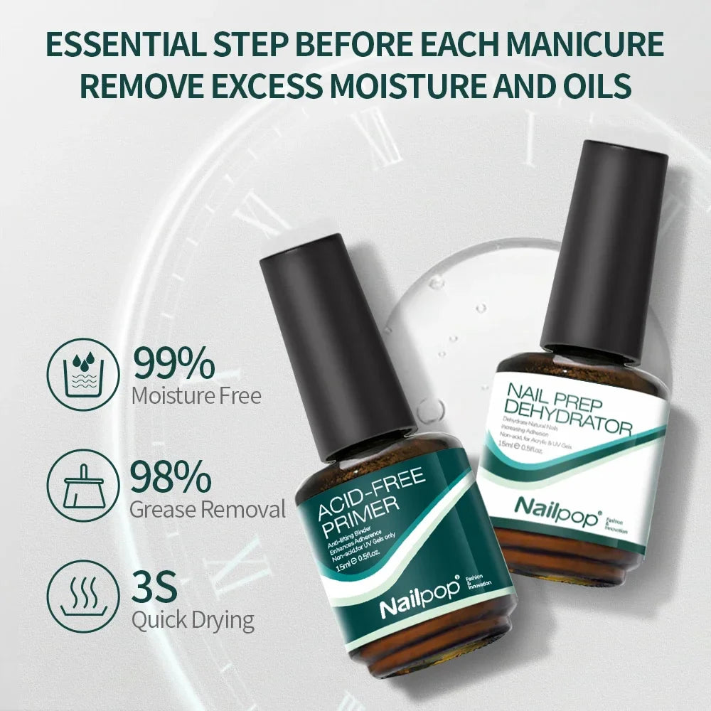 Nailpop Nail Dehydrator & Primer — Acid-Free Natural Nail Prep for Acrylic & UV Gel, Fast Dry Superior Bonding Set