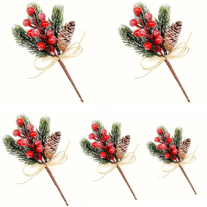 Set of 5 Realistic Artificial Winter Berries & Pine Branches – Christmas Home Decor