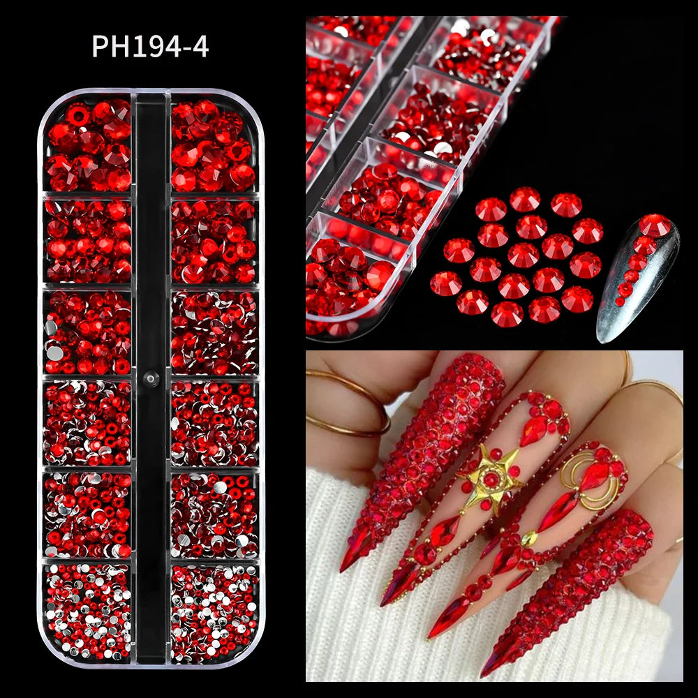 12-Grid 3D Glass AB Crystal Nail Art Rhinestones Kit – Flatback Round Beads with Tools for Nail Jewelry & Diamond Decoration
