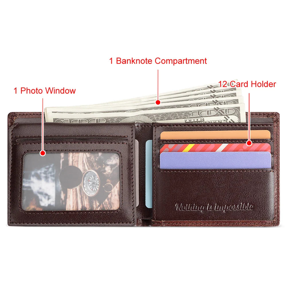 KAVIS Handmade Genuine Leather Men's Wallet RFID Blocking Card Holder with ID Window – Large Capacity Fashion Money & Card Storage Wallet