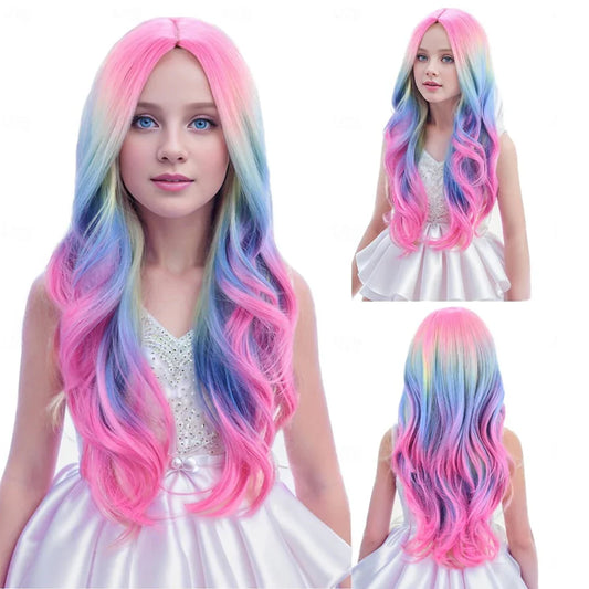 HAIRJOY Colorful Synthetic Wig – Long Curly Rainbow Wig for Kids, Girls, Cosplay, Party, Halloween