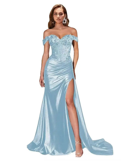 Women’s Dark Navy Off-Shoulder Prom Dress — Sweetheart Beaded Lace Corset Evening Gown with High Side Slit 2025