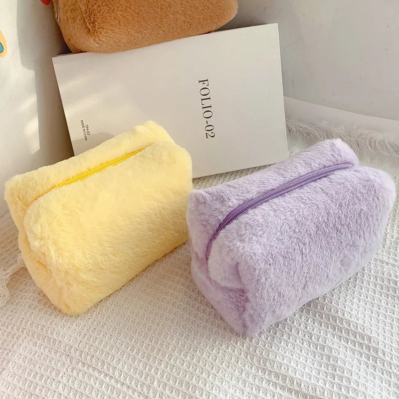 Solid Fur Cosmetic Storage Bag – Large Women’s Zipper Makeup Organizer Handbag, Stationery & Travel Toiletry Case
