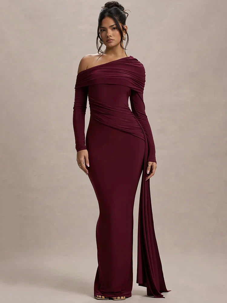 Mozision Women’s Long Sleeve Maxi Dress – Sexy Backless Draped Ruched Bodycon Gown, Skew Collar Elegant Club Dress