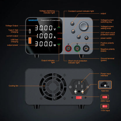 30V 10A Adjustable DC Lab Power Supply – 4-Digit LED Display, USB-A/Type-C 5V/3.6A Fast Charge with Encoder Control