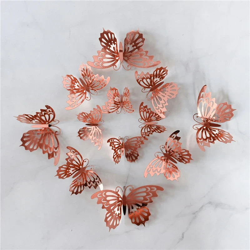 12PCS 3D Hollow Butterfly Wall Stickers – Gold, Silver & Rose Decorative Decals for Wedding, Living Room & Home Decor