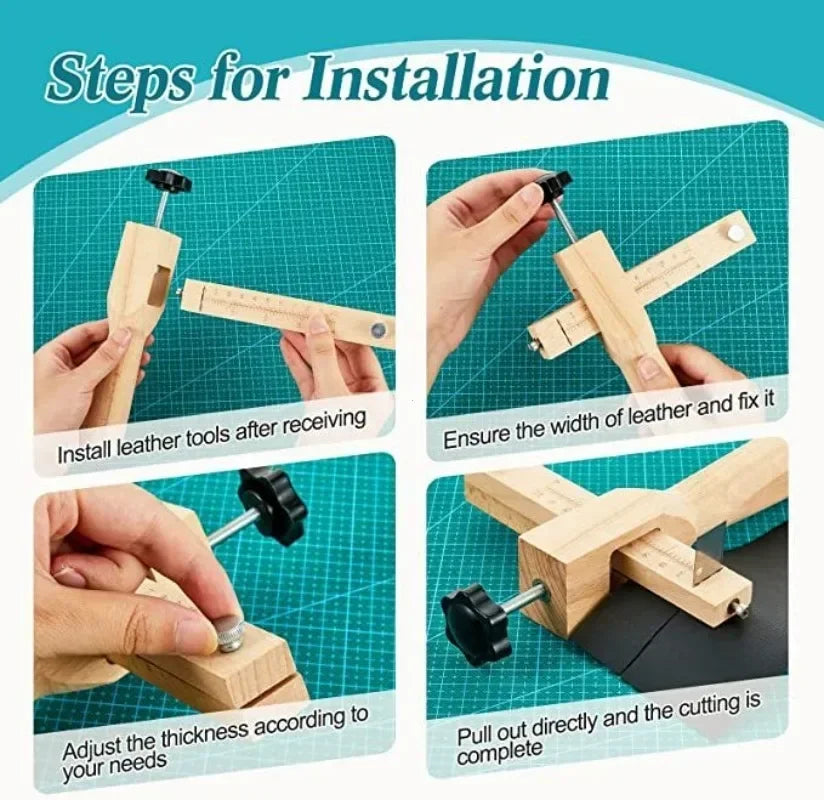 Wooden Adjustable Leather Strap Cutter with 5 Sharp Blades – Precise DIY Belt Cutting Tool for Leathercraft
