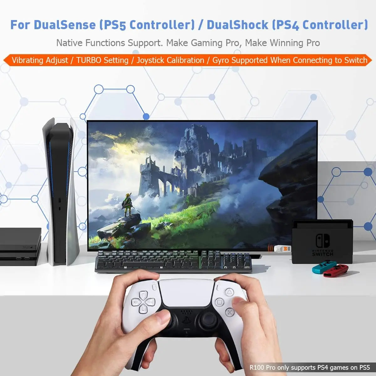 BIGBIGWON R100 Pro Wireless Adapter – Compatible with Xbox One, Series X|S, Elite Series 2, PS5, PS4 & Switch Controllers