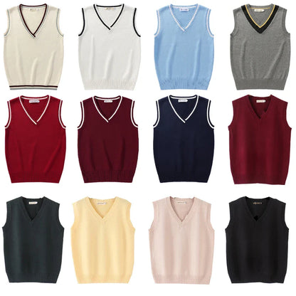Unisex Sleeveless Sweater Vest – V-Neck Preppy Knitted Jumper for Women & Men, Retro Spring Fashion