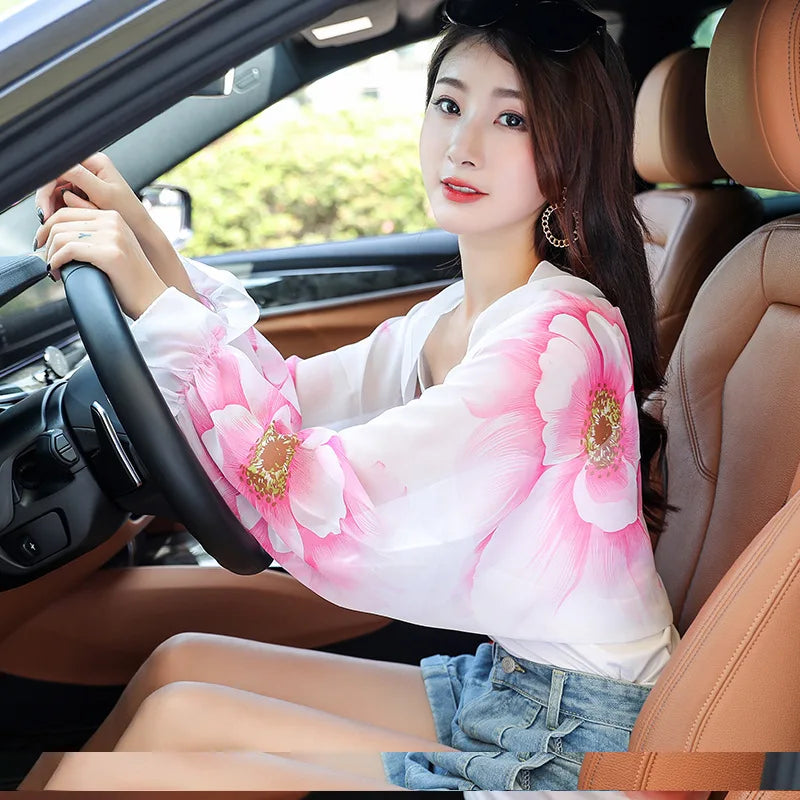 Women’s Summer Sun Protection Chiffon Shawl – Floral Print Beach Scarf Arm Sleeves UV Protection for Outdoor Cycling & Driving Accessories