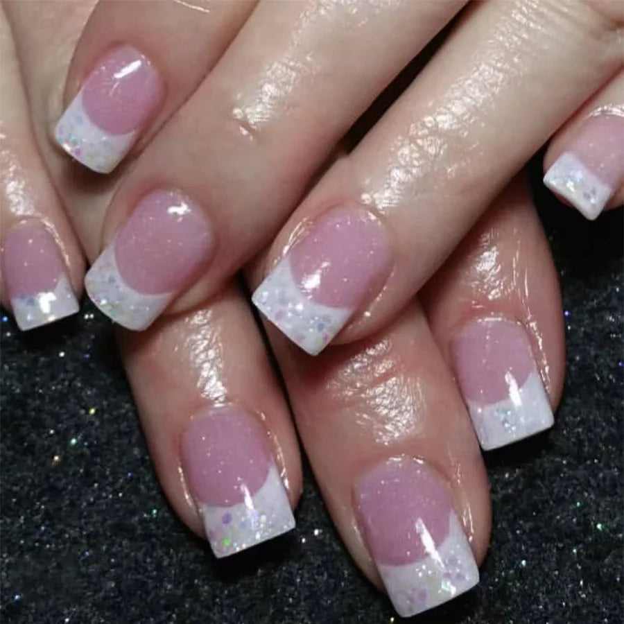 24PCS Short Press On Nails - Shimmer Ballet French Full Cover Artificial Nail Tips for Daily Manicure Style