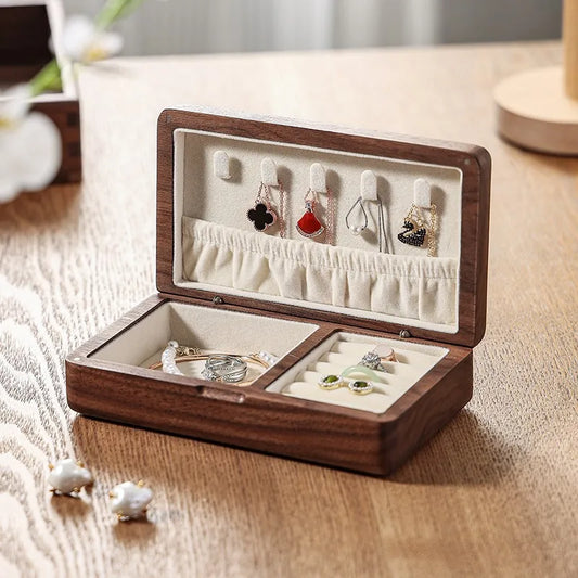 Portable Flannelette Jewelry Box – High-End Black Walnut Vintage Travel Case for Necklace & Earrings