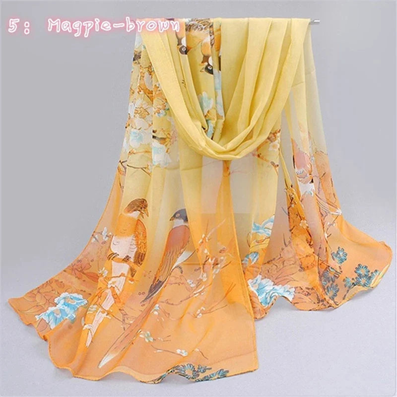 Women’s Chiffon Scarf – Long Butterflies & Branch Pattern Shawl, Elegant Versatile Retro Fashion Accessory