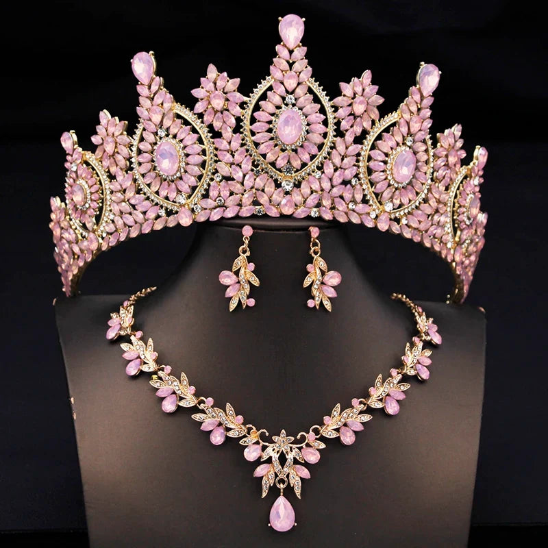 Rhinestone Bridal Tiara Jewelry Set - Wedding Crown with Necklace and Earrings for Women