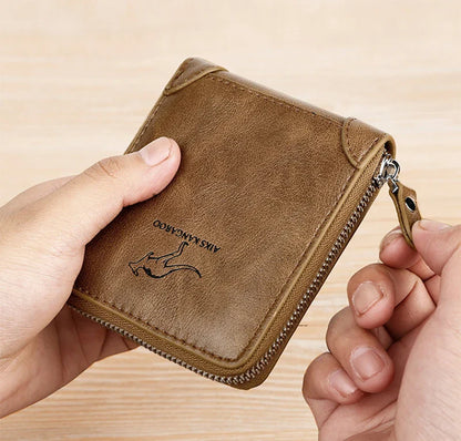 Luxury Leather Men's Wallet – RFID Zipper Card Holder with Coin Pocket, Perfect Gift for Men