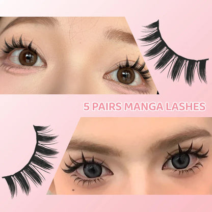 DINGSEN 5 Pairs Manga Style False Eyelashes — Soft, Natural, Long Anime Wispy Strip Lashes for Makeup