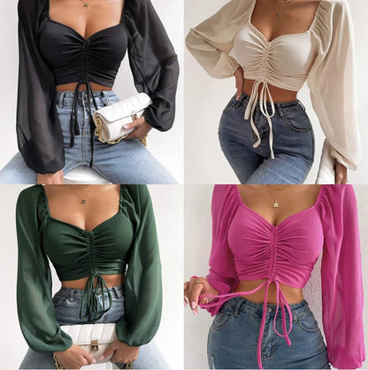 Woman’s Lace-Up V-Neck Tops: Sexy Close-Fitting Puff Sleeve Fashion - Solid Color Simple Long Sleeve for Hot Summer and Spring