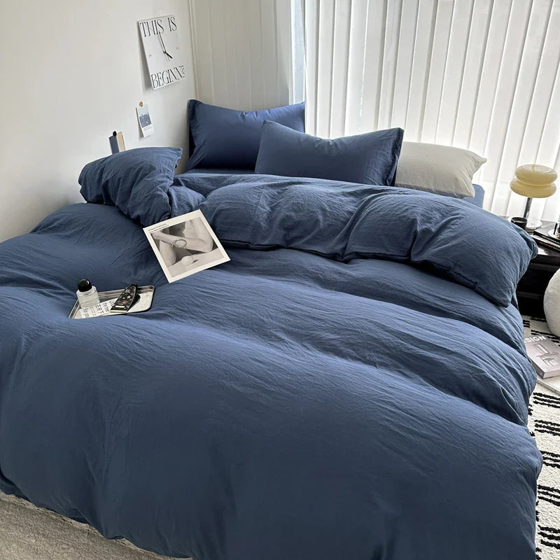 Solid Cotton Bedding Set - Sheet, Duvet Cover & Pillowcase, Single/Double/Twin/King/Queen Size