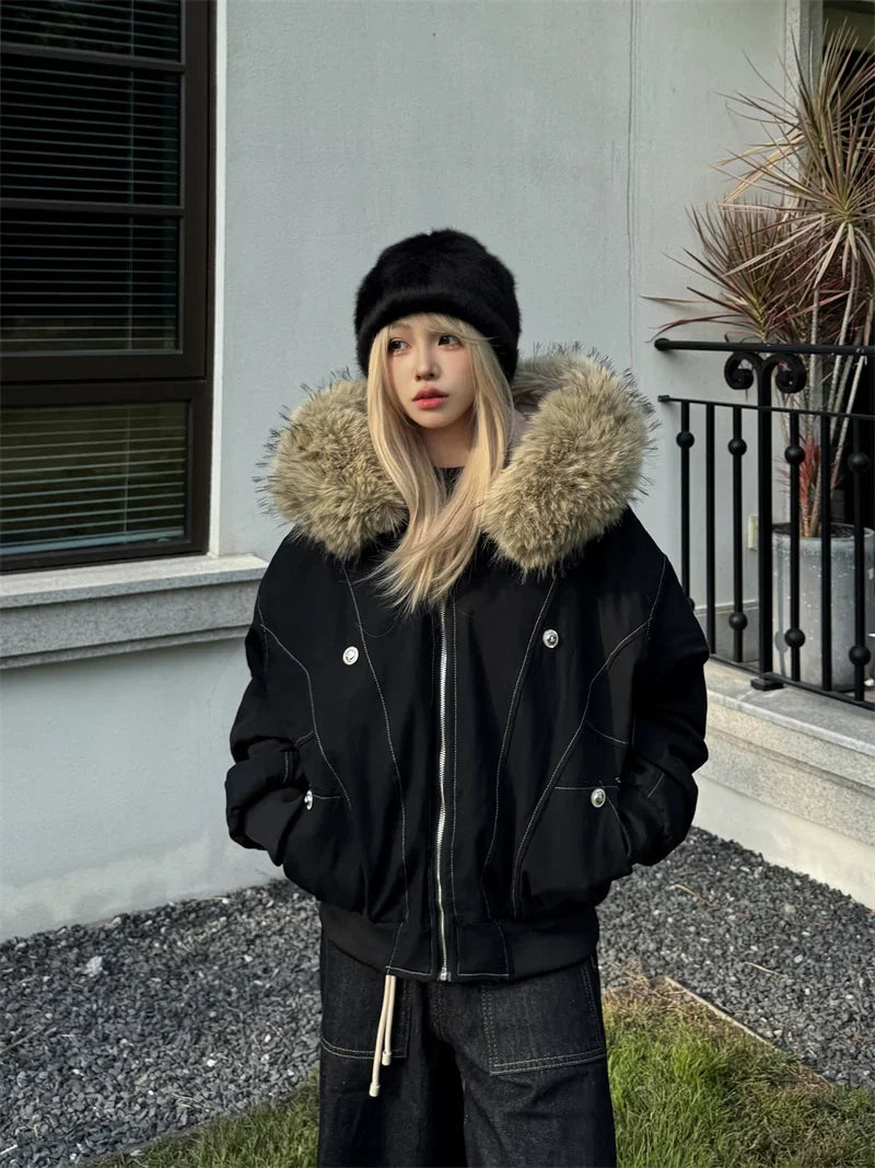 ZAROY Y2K Fur Collar Hooded Parka – Thick Padded Gothic Winter Jacket Streetwear for Men & Women