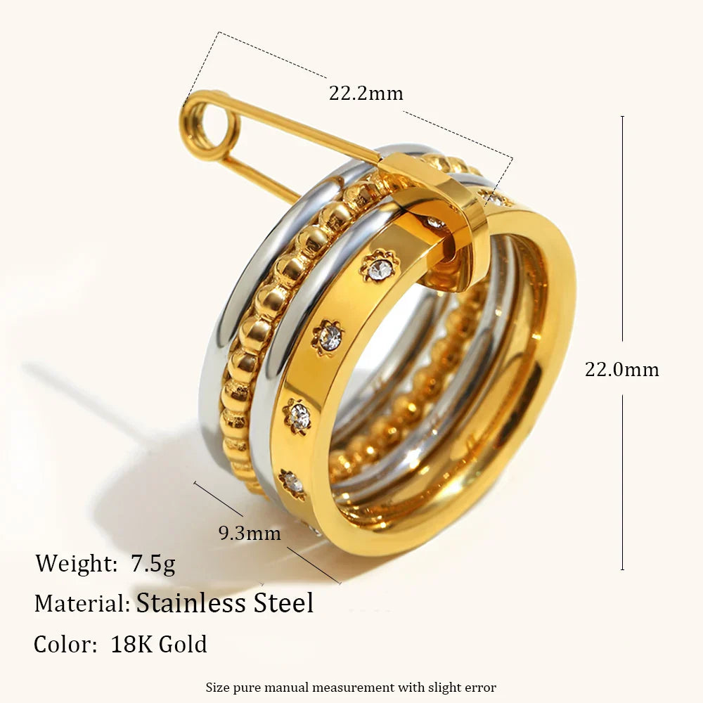 La. Muses 4-Layer Zircon Bead Stainless Steel Women’s Ring with Pin Loop Buckle – Trendy PVD Jewelry Gift