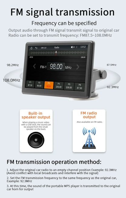 BQCC 7" HD IPS Car MP5 Player — Portable Stereo with Wireless CarPlay, Android Auto, BT, FM, USB & WiFi