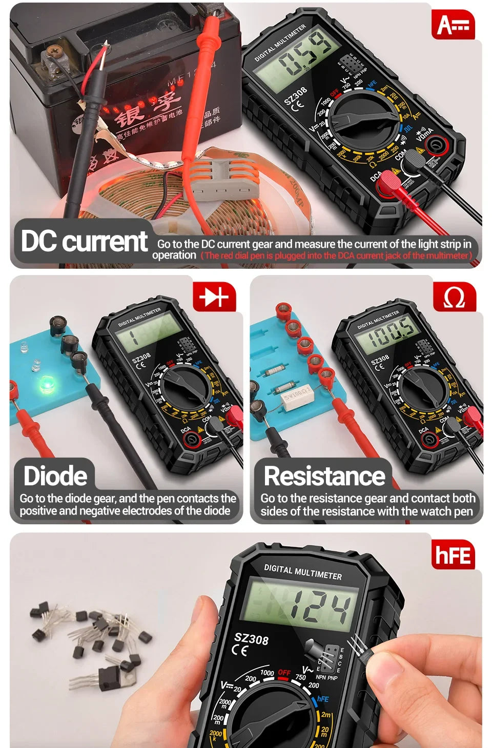 ANENG SZ308 1999-Count Multimeter — HFE Triode Tester, Square Wave Voltmeter & 10A Current Meter
