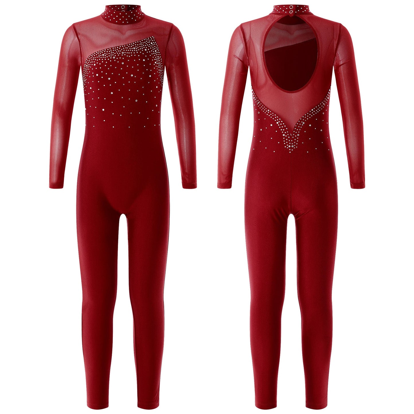 Kids Girls Long Sleeve Rhinestone Bodysuit — Full Body Dancewear Gymnastics Leotard Skating Jumpsuit
