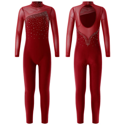 Kids Girls Long Sleeve Rhinestone Bodysuit — Full Body Dancewear Gymnastics Leotard Skating Jumpsuit