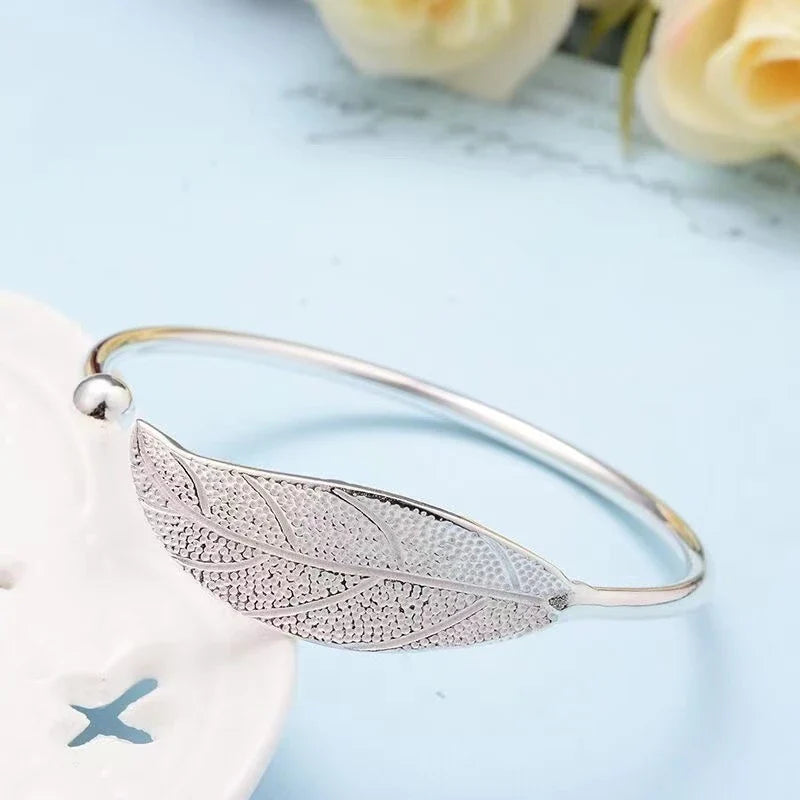 Fashion 925 Sterling Silver Leaf Shaped Cuff Bracelet: Adjustable Charm Bangle for Women - Girls Party Jewelry, Christmas Gift Idea