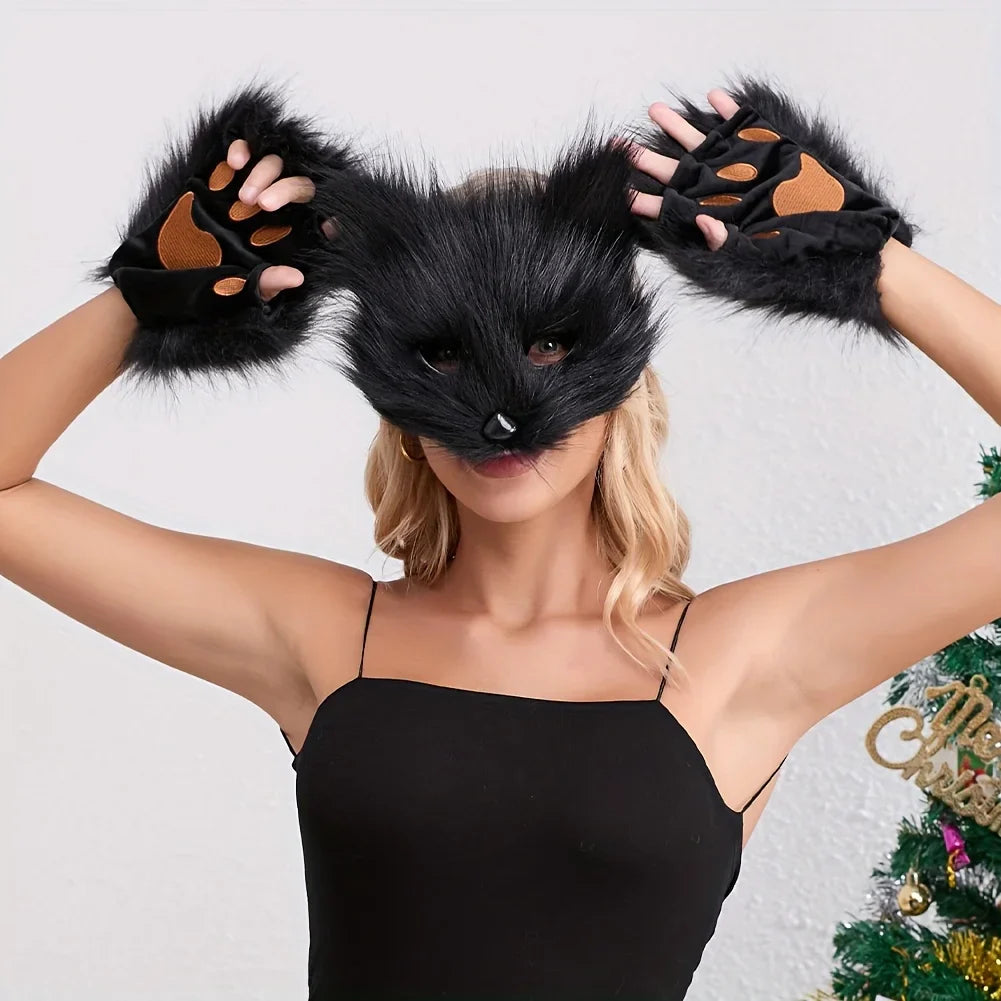 5pcs Fluffy Fur Fox Tail & Cat Paws Gloves Set — Wolf Mask Halloween Cosplay Costume Accessories for Theme Party Dress-Up