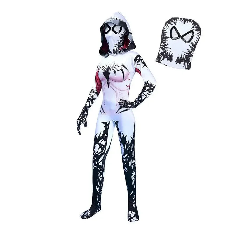 MINISO Spider Gwen Stacy Cosplay Costume – Women’s 3D Print Jumpsuit Onesie with Hat and Mask, Soft Material for Halloween