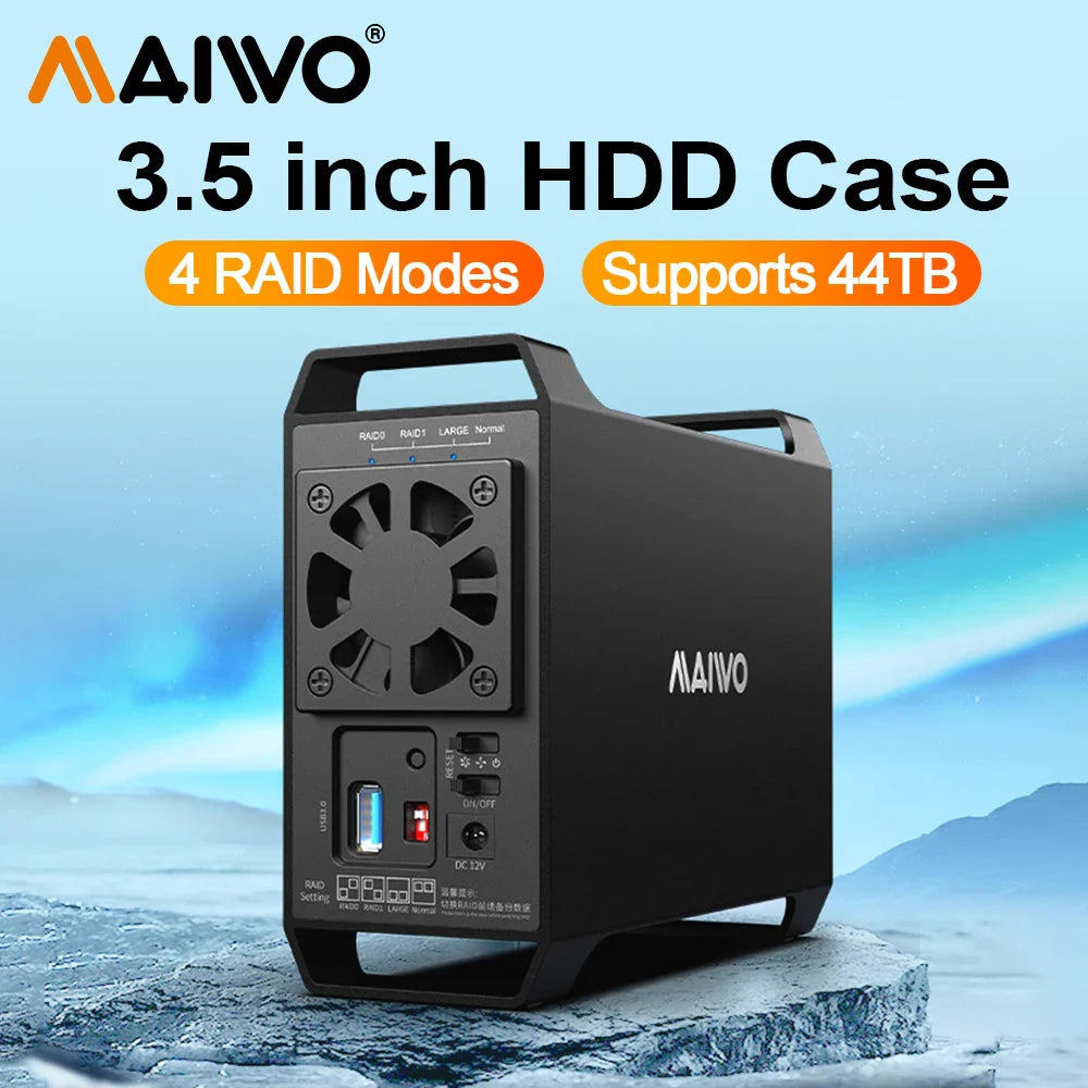MAIWO 3.5 Inch Dual Bay External Hard Drive Enclosure – SATA Disk Array with 4 RAID Functions for 3.5 Inch HDD